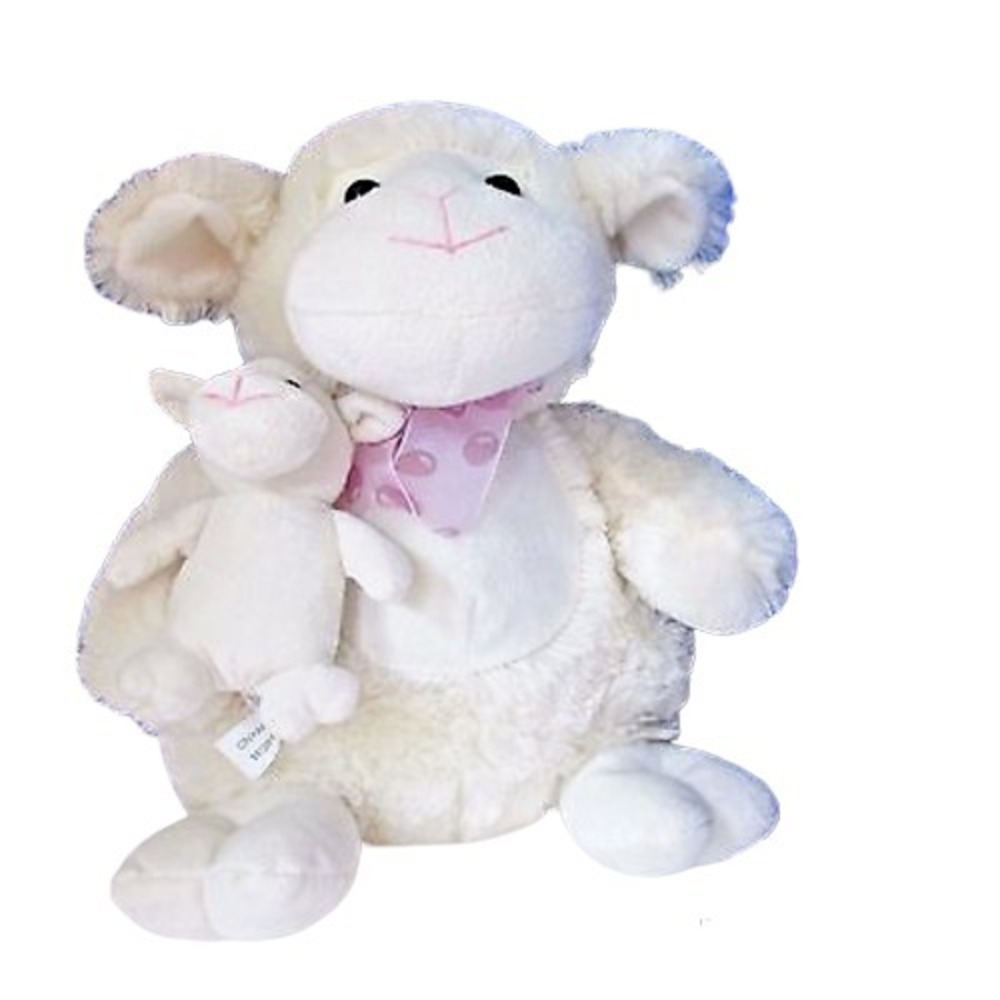 Far East Brokers Plush Cream sheep & baby lamb large purple neck ribbon bow 14"